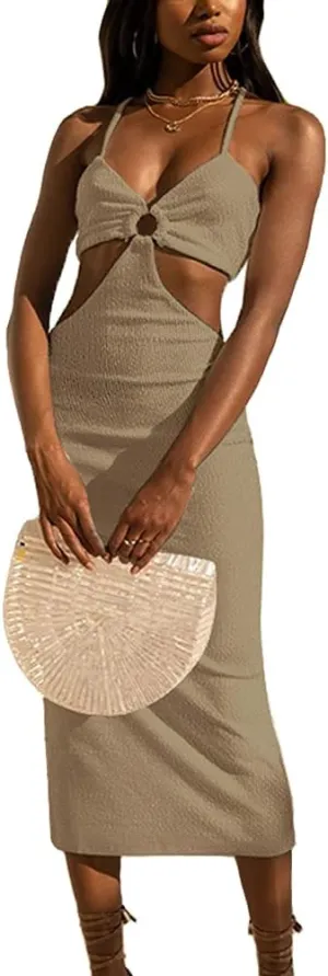 Antopmen Women Spaghetti Straps Knitted Maxi Dresses Elegant Sexy Party Cut Out Backless Bodycon Slim Dress