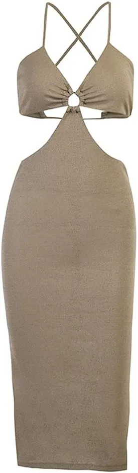 Antopmen Women Spaghetti Straps Knitted Maxi Dresses Elegant Sexy Party Cut Out Backless Bodycon Slim Dress