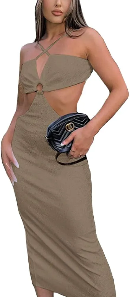 Antopmen Women Spaghetti Straps Knitted Maxi Dresses Elegant Sexy Party Cut Out Backless Bodycon Slim Dress