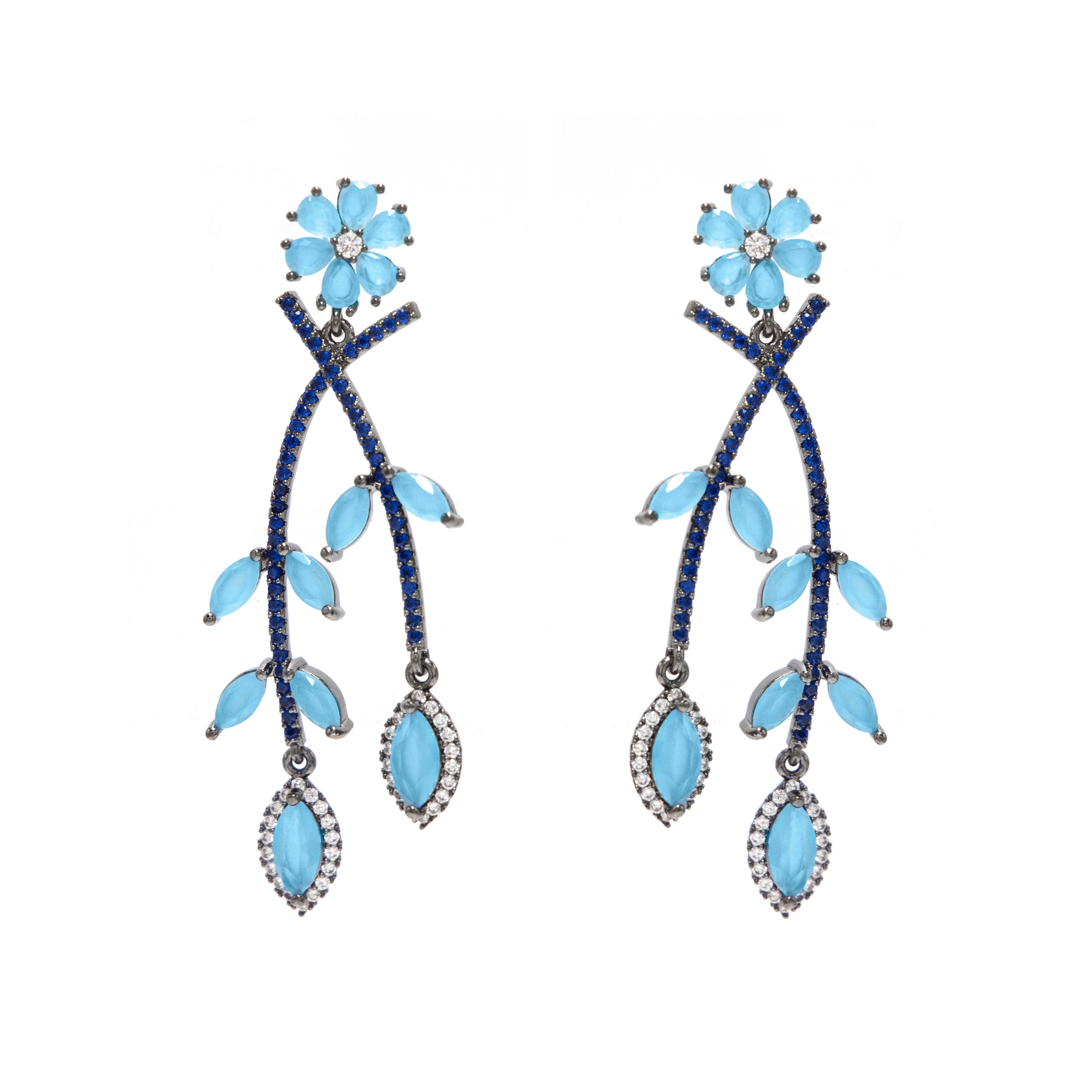 Aretes largos de flores colgantes azul - chapa de rodio