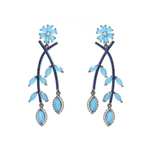 Aretes largos de flores colgantes azul - chapa de rodio