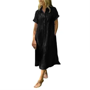 Button Down Dress for Women Short Sleeve Plus Size Striped Midi Dress Casual Summer Lightweight Collar Shirt Dresses