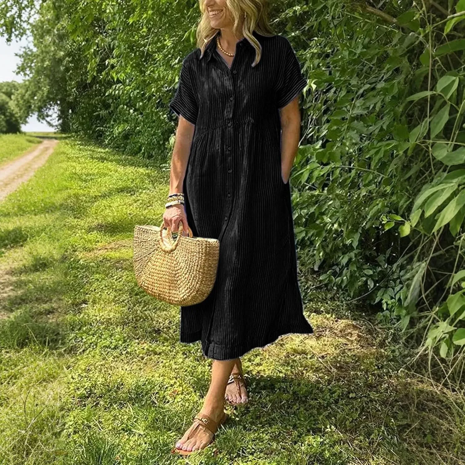 Button Down Dress for Women Short Sleeve Plus Size Striped Midi Dress Casual Summer Lightweight Collar Shirt Dresses