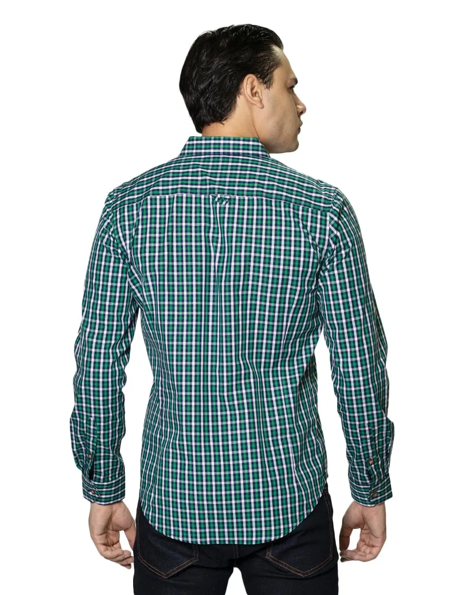 Camisas Hombre Casuales De Manga Larga Con Estampado De Cuadros De Algodón Slim Fit B35103 Verde