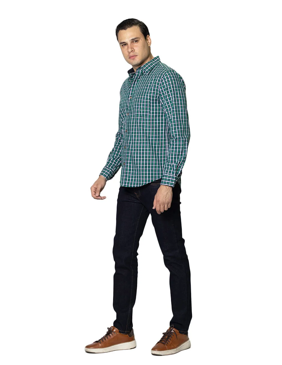 Camisas Hombre Casuales De Manga Larga Con Estampado De Cuadros De Algodón Slim Fit B35103 Verde