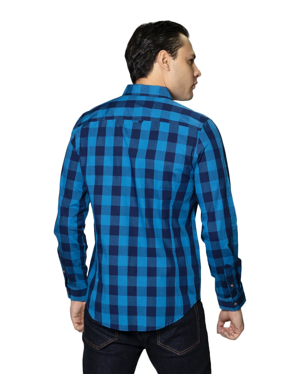 Camisas Hombre Casuales De Manga Larga Con Estampado De Cuadros De Algodón Slim Fit B35105 Azul