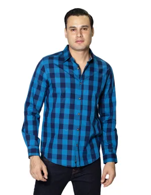 Camisas Hombre Casuales De Manga Larga Con Estampado De Cuadros De Algodón Slim Fit B35105 Azul