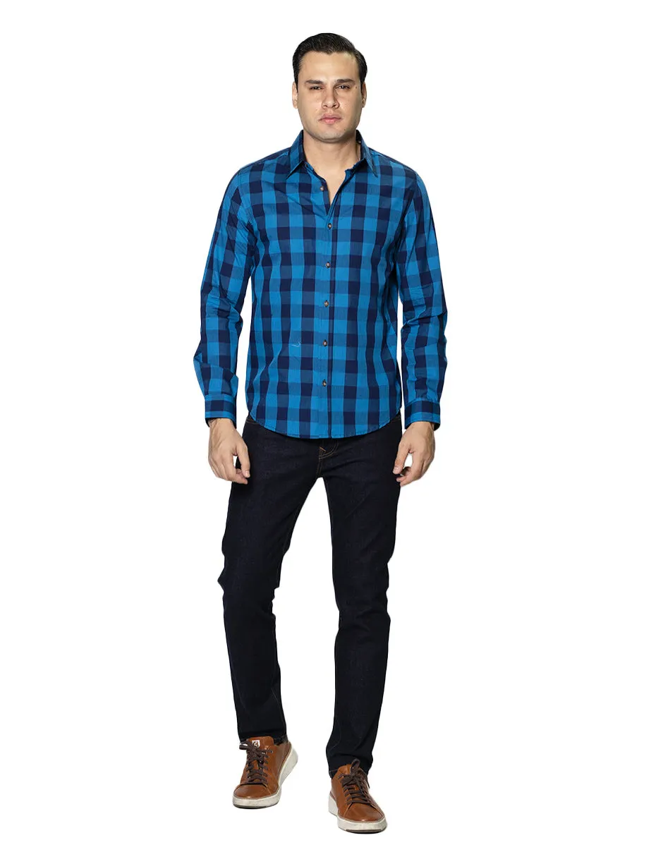 Camisas Hombre Casuales De Manga Larga Con Estampado De Cuadros De Algodón Slim Fit B35105 Azul