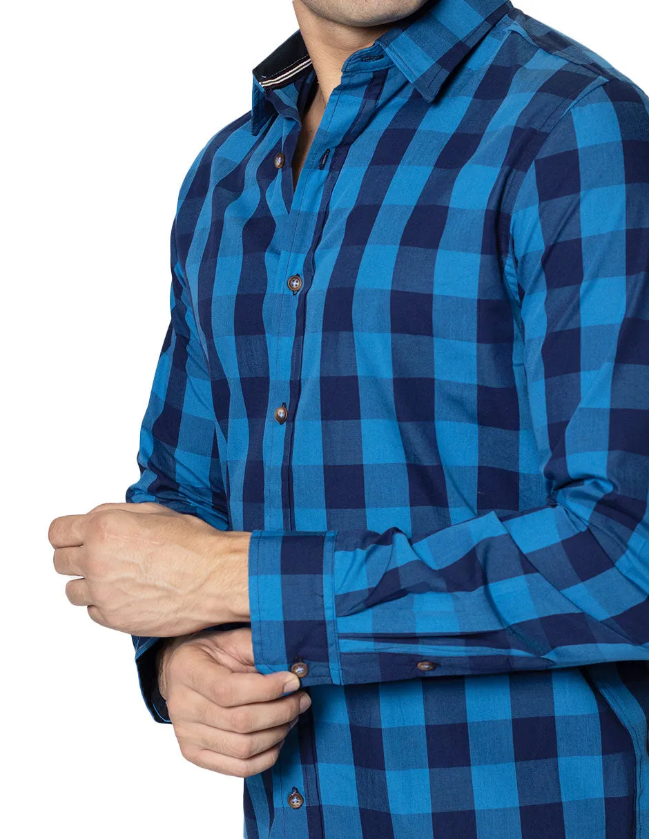 Camisas Hombre Casuales De Manga Larga Con Estampado De Cuadros De Algodón Slim Fit B35105 Azul