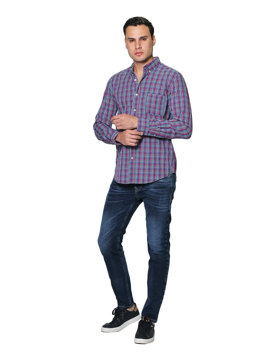 Camisas Hombre Manga Larga Cuadros Regular Fit B31226 Rosa