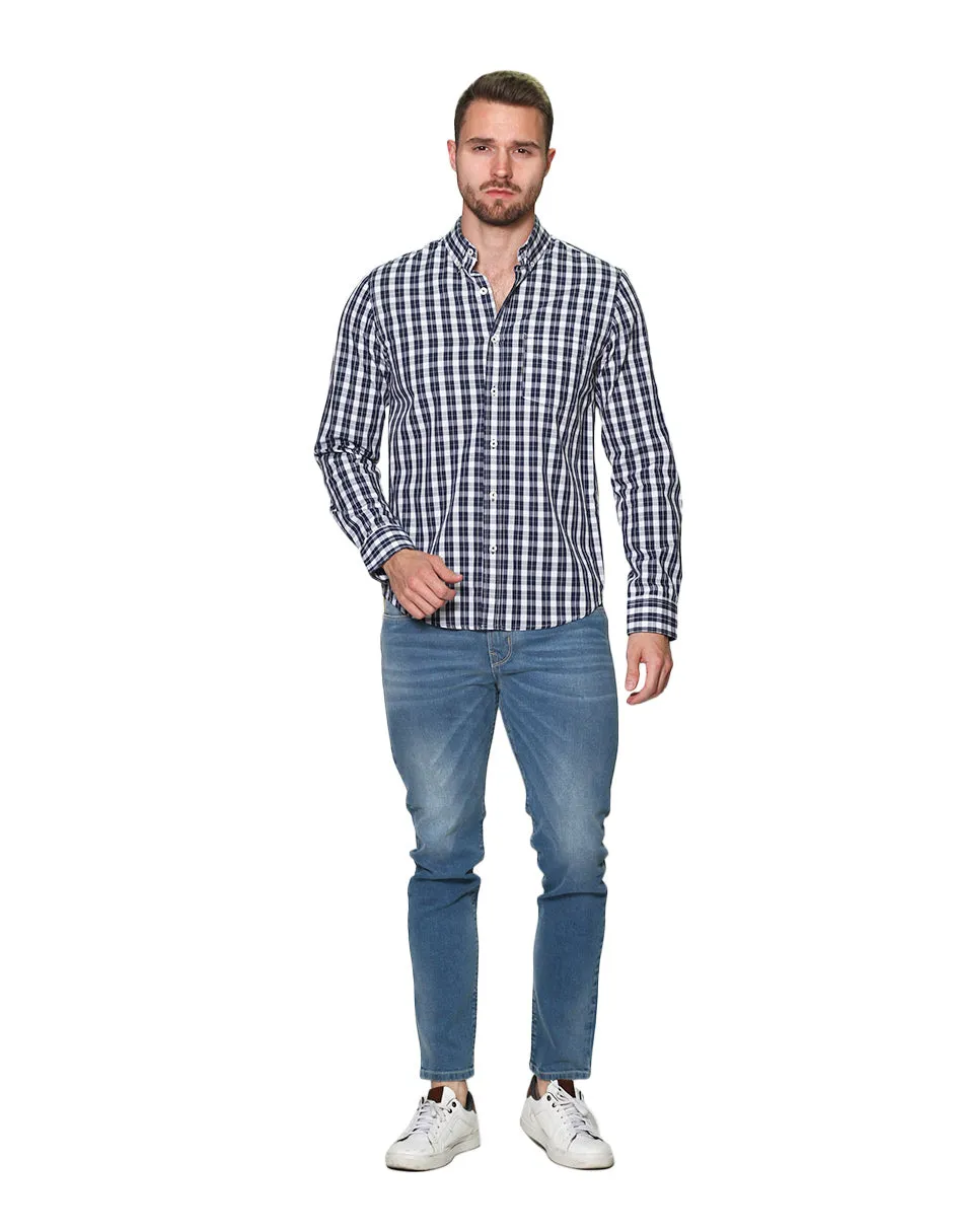 Camisas Hombre Manga Larga Cuadros Regular Fit B31227 Marino