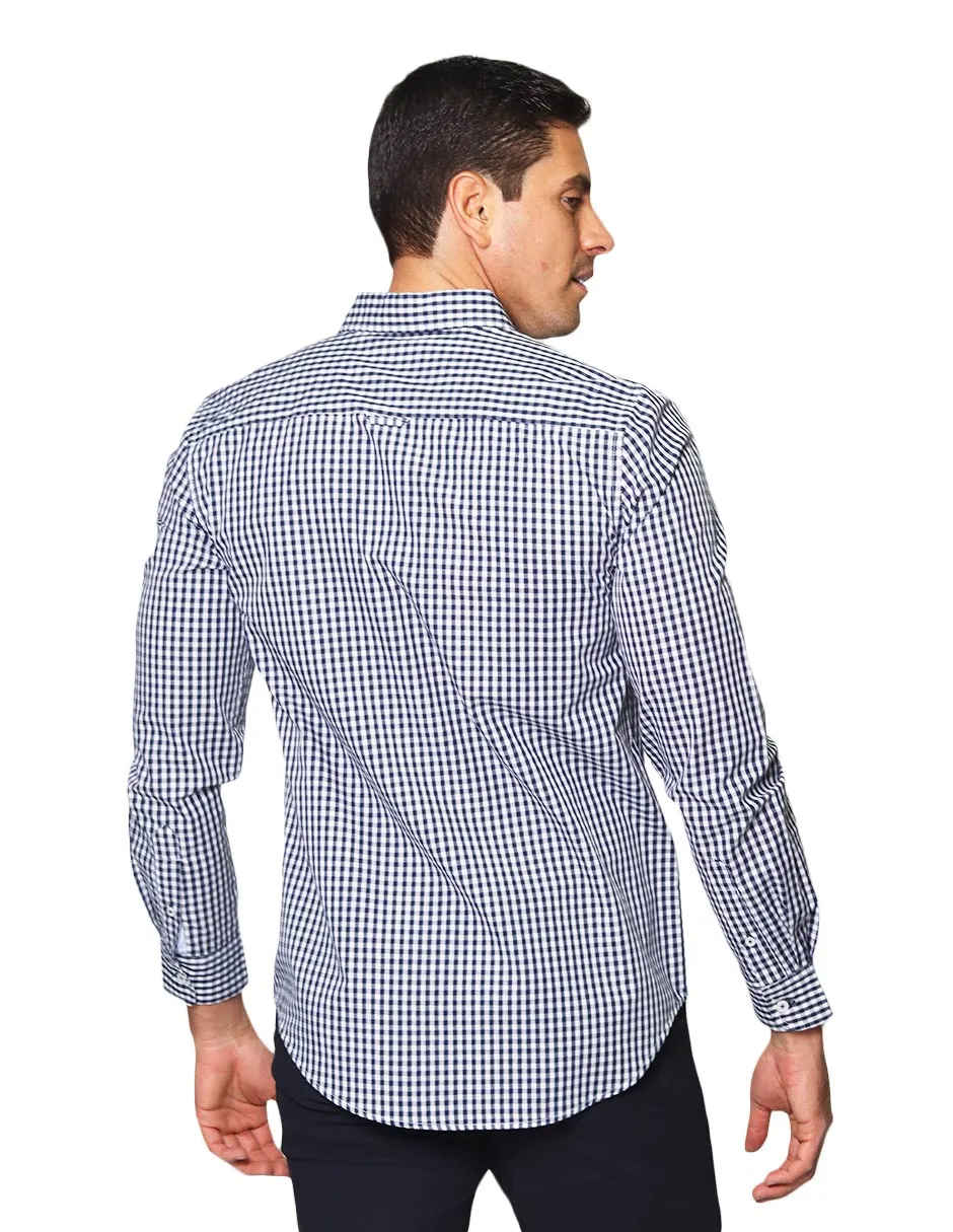 Camisas Para Hombre De Tela Mascota Con Estamado De Cuadros De Manga Larga Cuello Button Down Regular Fit B41206 Blanco