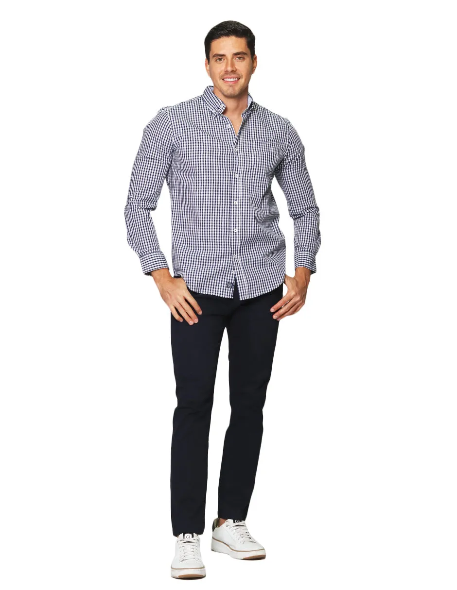Camisas Para Hombre De Tela Mascota Con Estamado De Cuadros De Manga Larga Cuello Button Down Regular Fit B41206 Blanco