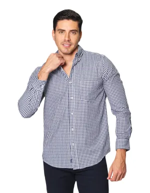 Camisas Para Hombre De Tela Mascota Con Estamado De Cuadros De Manga Larga Cuello Button Down Regular Fit B41206 Blanco