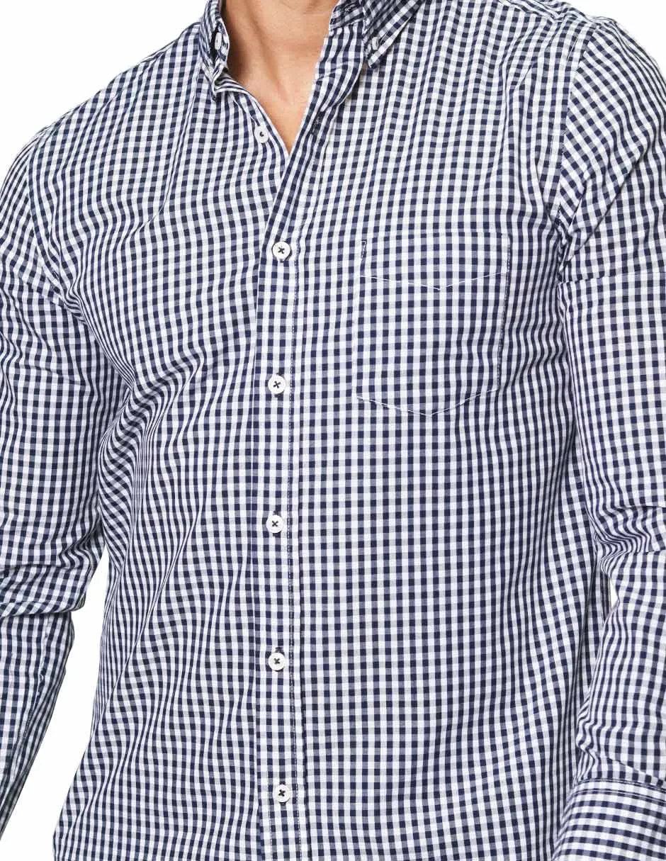 Camisas Para Hombre De Tela Mascota Con Estamado De Cuadros De Manga Larga Cuello Button Down Regular Fit B41206 Blanco