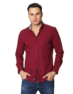 Camisas Para Hombre De Tela Mascota Con Estamado De Cuadros De Manga Larga Cuello Button Down Regular Fit B41206 Rojo