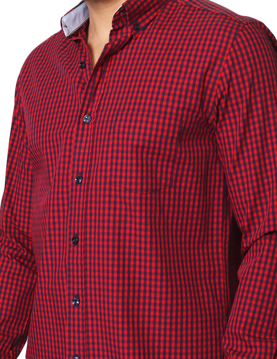 Camisas Para Hombre De Tela Mascota Con Estamado De Cuadros De Manga Larga Cuello Button Down Regular Fit B41206 Rojo