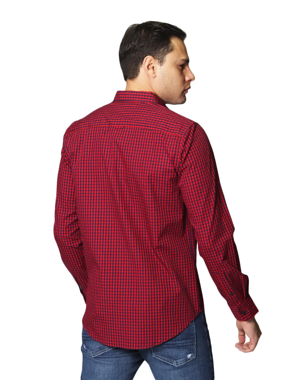 Camisas Para Hombre De Tela Mascota Con Estamado De Cuadros De Manga Larga Cuello Button Down Regular Fit B41206 Rojo