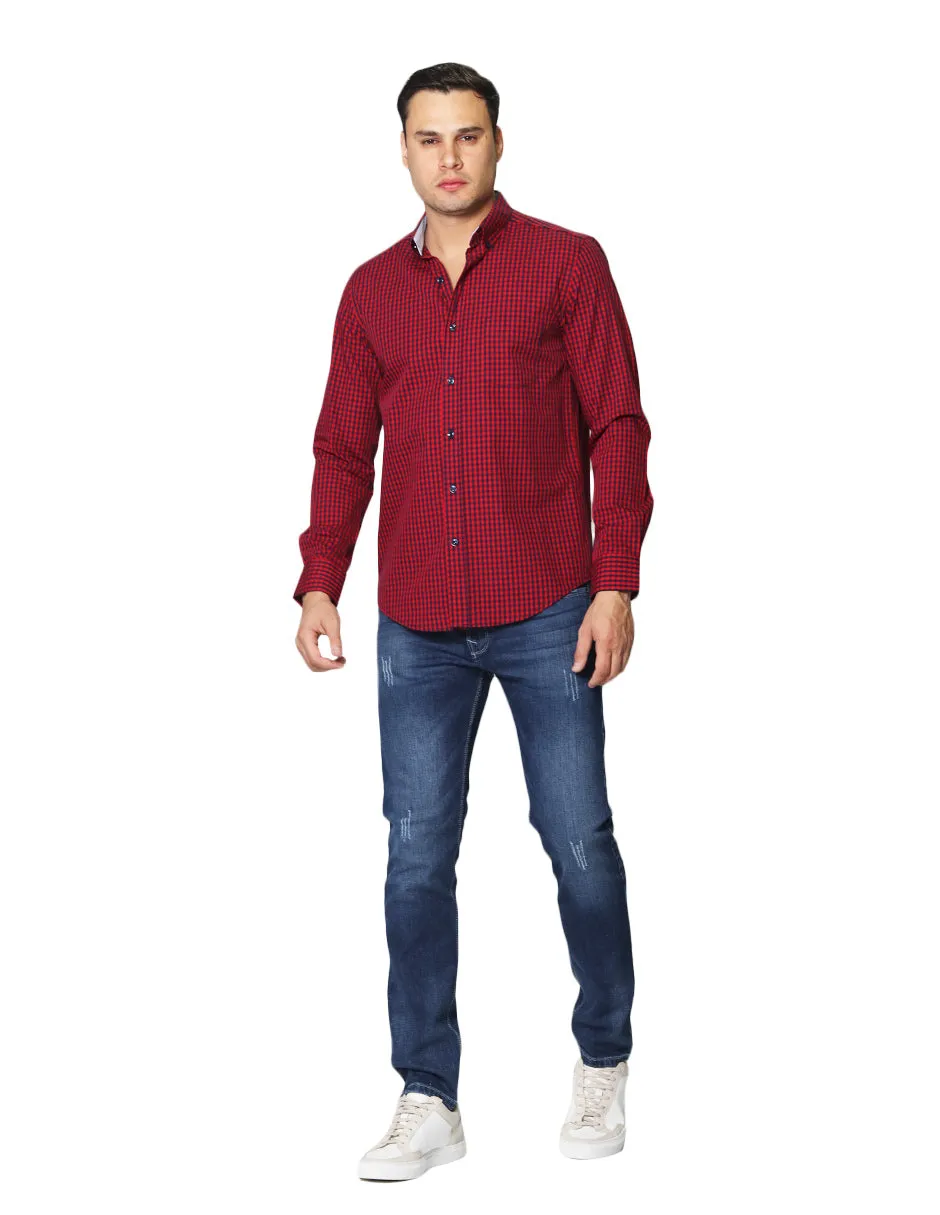 Camisas Para Hombre De Tela Mascota Con Estamado De Cuadros De Manga Larga Cuello Button Down Regular Fit B41206 Rojo
