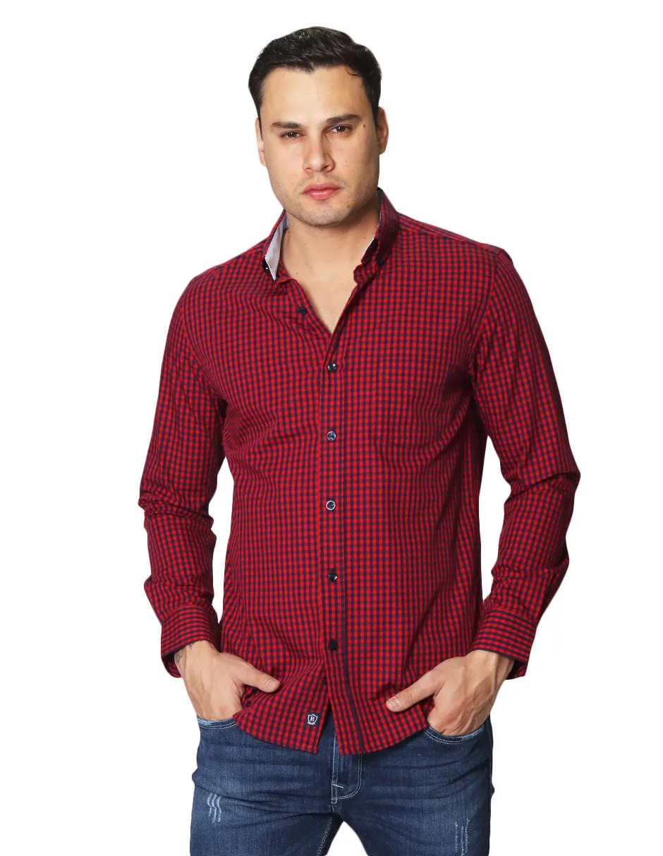 Camisas Para Hombre De Tela Mascota Con Estamado De Cuadros De Manga Larga Cuello Button Down Regular Fit B41206 Rojo