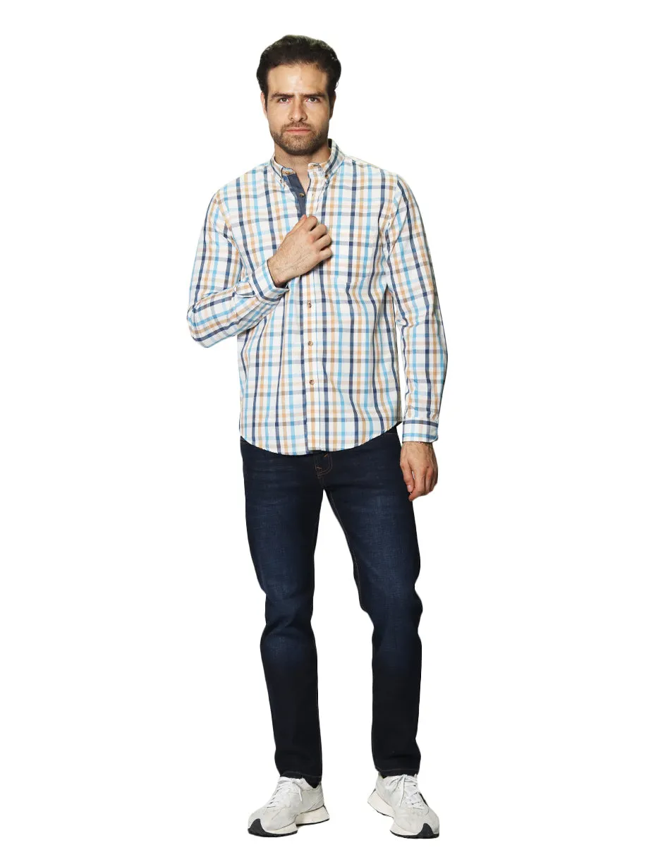 Camisas Para Hombre Manga Larga Cuadros B45102 Beige