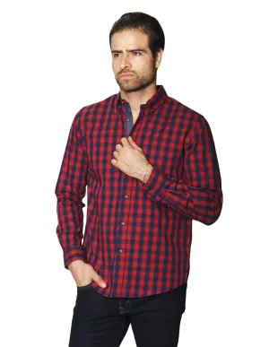 Camisas Para Hombre Manga Larga Cuadros B45104 Rojo