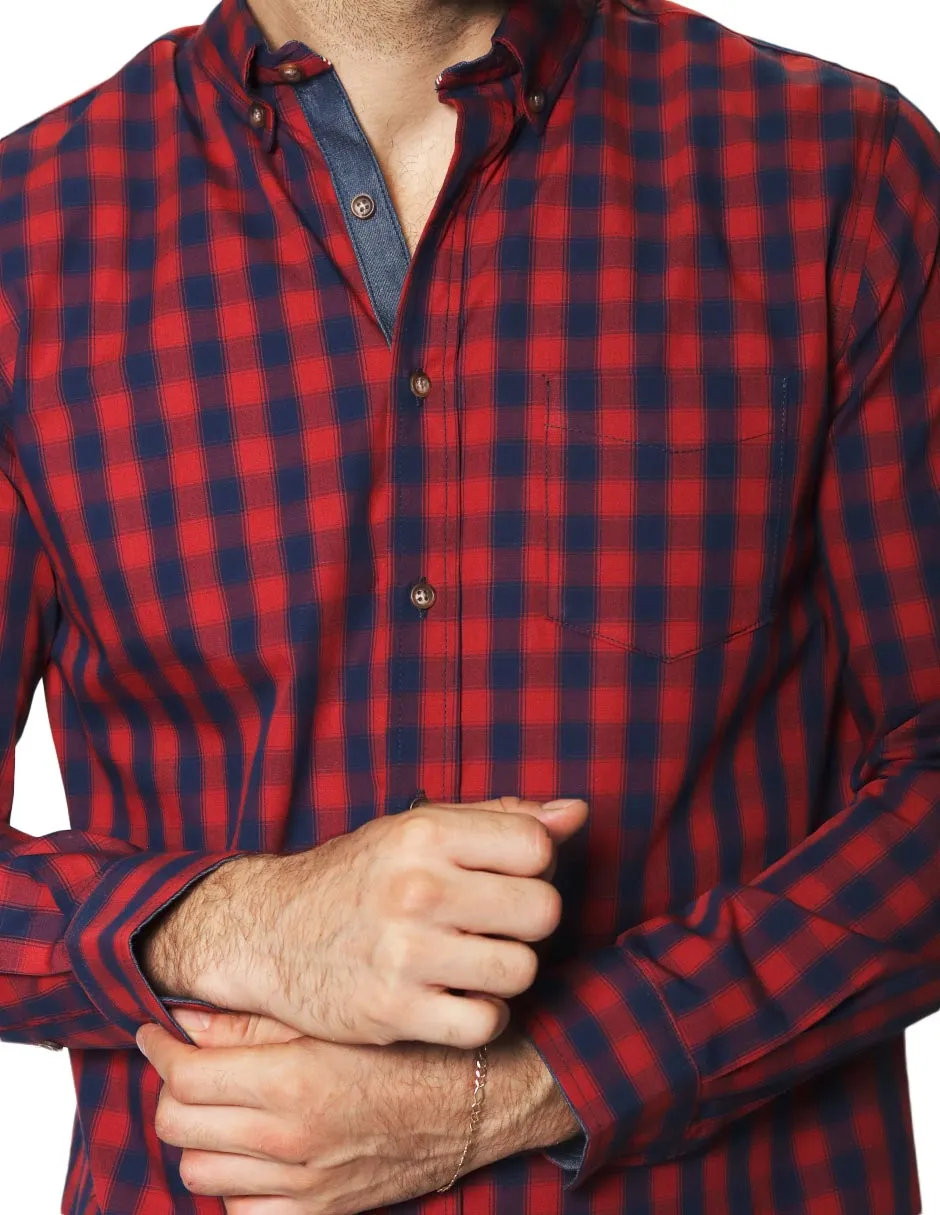Camisas Para Hombre Manga Larga Cuadros B45104 Rojo