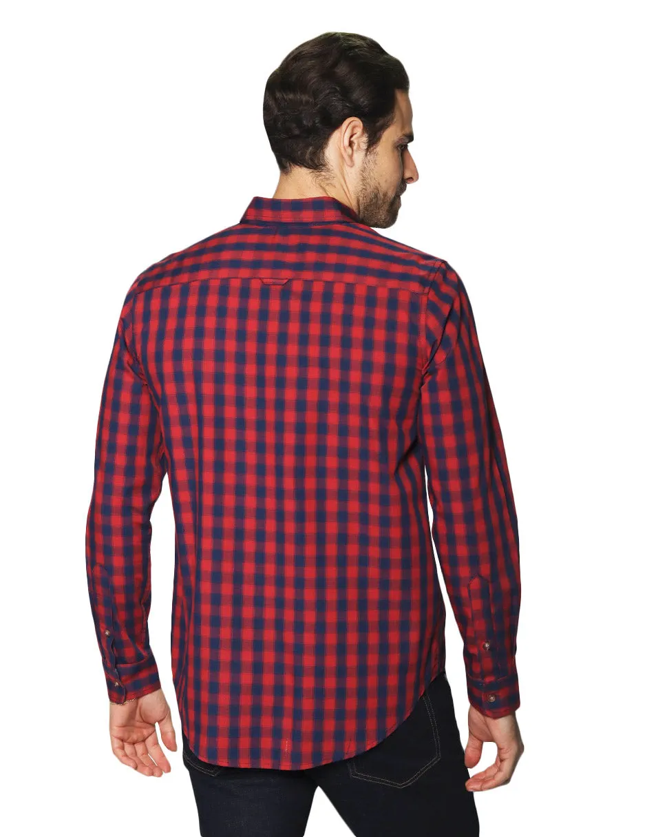 Camisas Para Hombre Manga Larga Cuadros B45104 Rojo