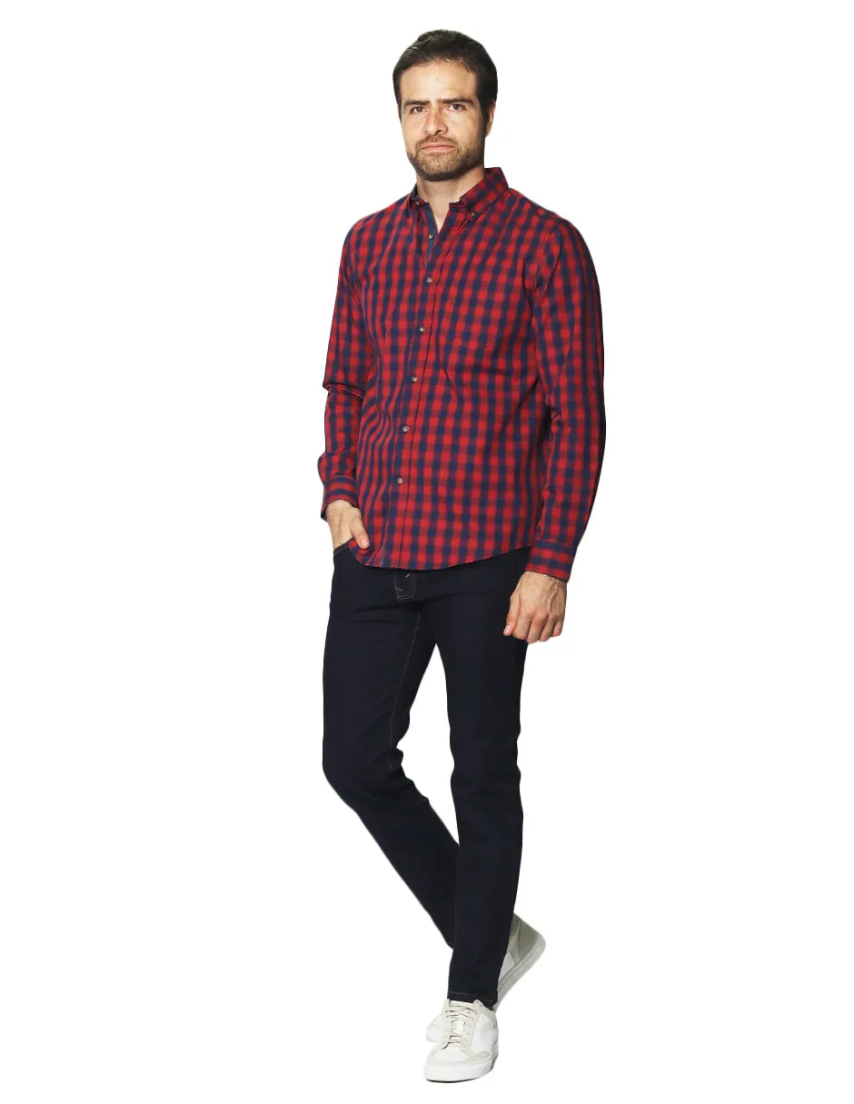 Camisas Para Hombre Manga Larga Cuadros B45104 Rojo