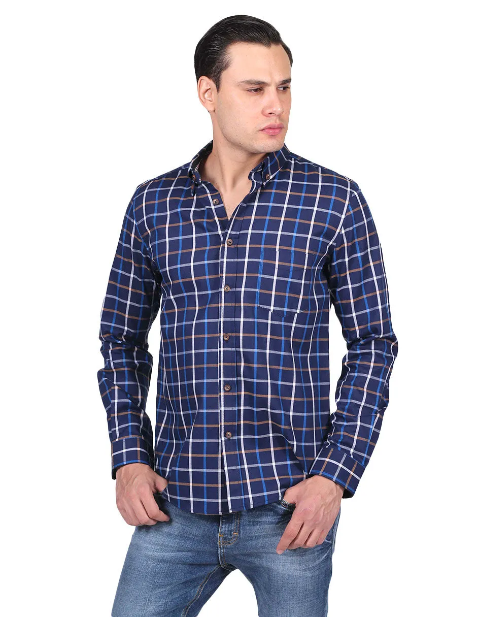 Camisas Para Hombre Manga Larga Cuadros Slim Fit Marino B25108