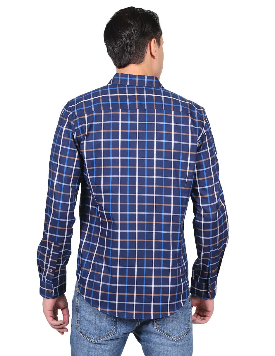 Camisas Para Hombre Manga Larga Cuadros Slim Fit Marino B25108