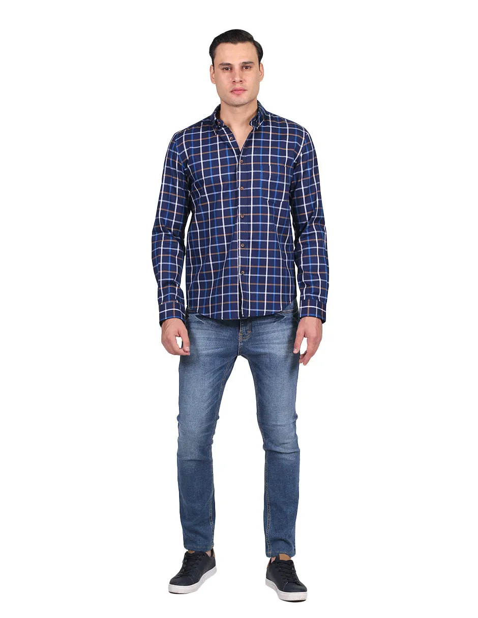 Camisas Para Hombre Manga Larga Cuadros Slim Fit Marino B25108