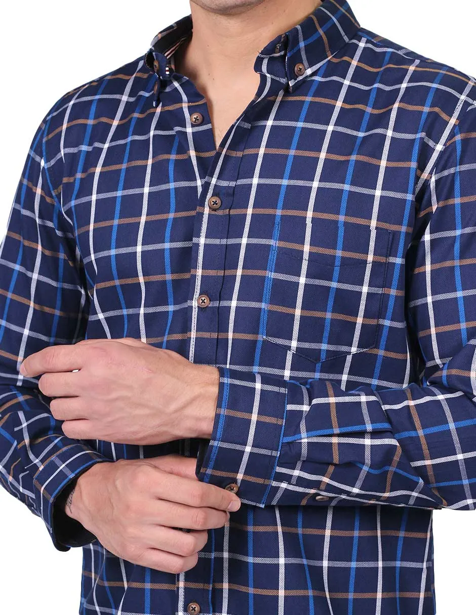 Camisas Para Hombre Manga Larga Cuadros Slim Fit Marino B25108