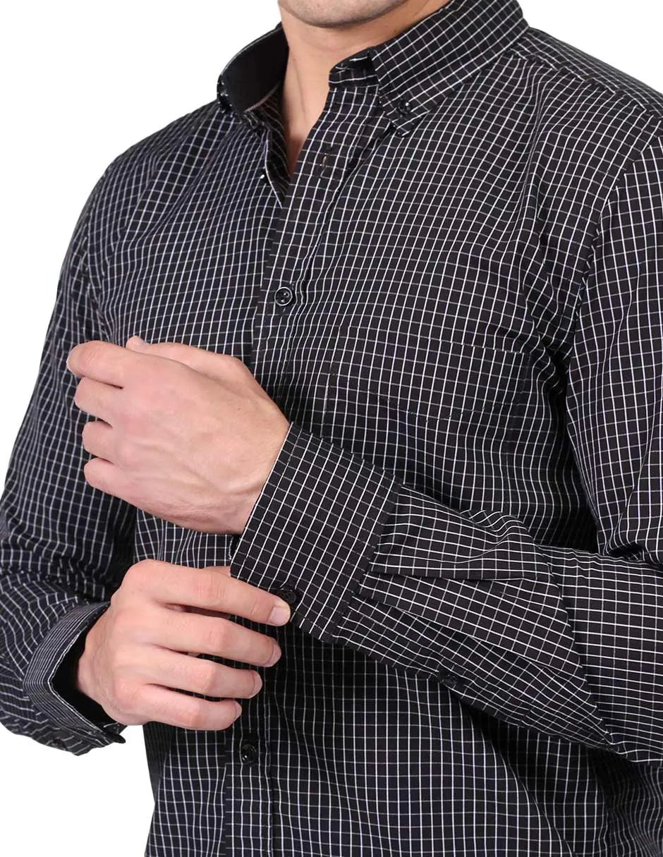 Camisas Para Hombre Moda Manga Larga Cuadros B25224 Negro