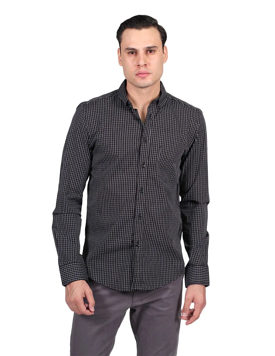 Camisas Para Hombre Moda Manga Larga Cuadros B25224 Negro