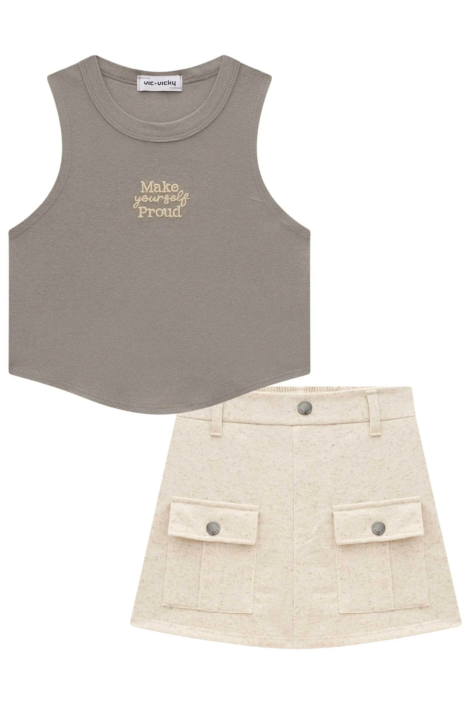 Conjunto de Cropped em Ribana 1x1 e Short Saia em Moletom 74426 Vic&Vicky