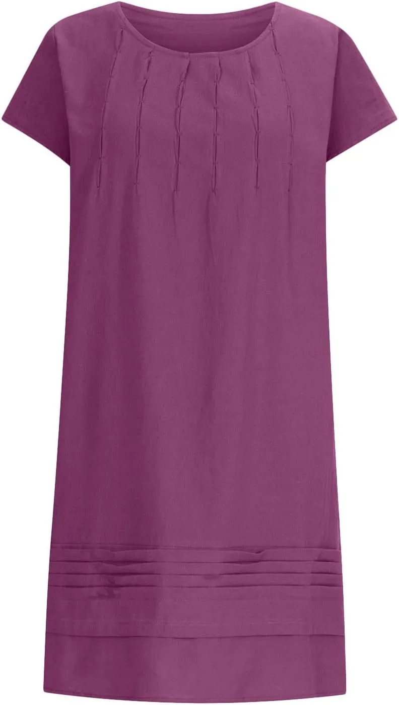 Cotton Linen Dress for Womens Vintage Summer Casual Short Sleeve Ruched T Shirts Dress Loose Fit A-Line Beach Sundress