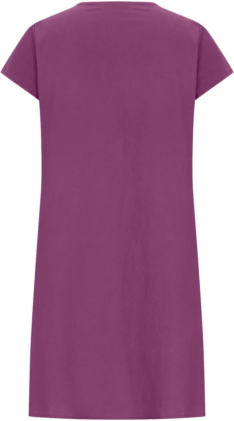 Cotton Linen Dress for Womens Vintage Summer Casual Short Sleeve Ruched T Shirts Dress Loose Fit A-Line Beach Sundress