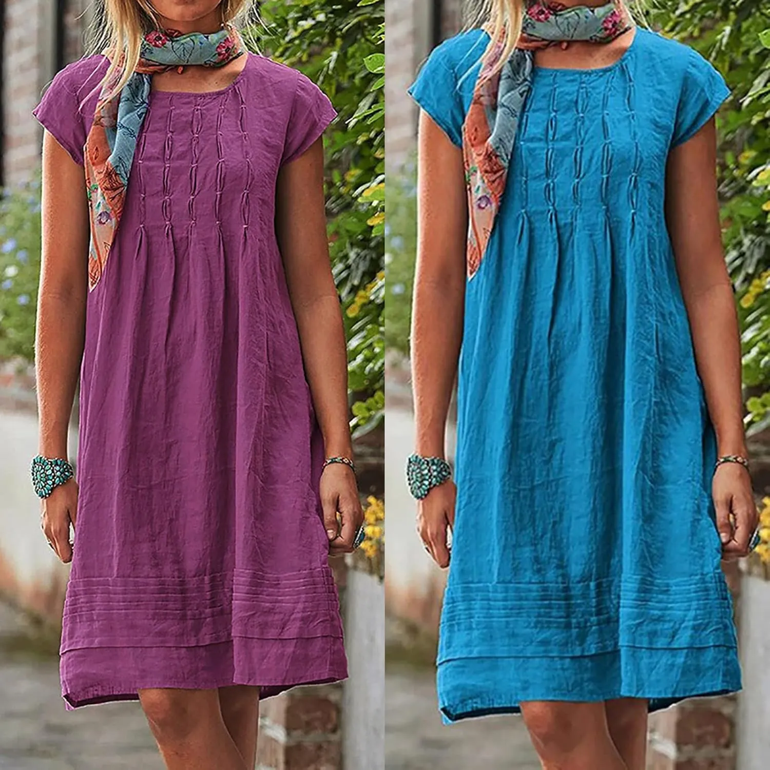Cotton Linen Dress for Womens Vintage Summer Casual Short Sleeve Ruched T Shirts Dress Loose Fit A-Line Beach Sundress