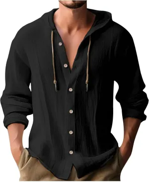 Cotton Linen Hoodie for Men Drawstring Hooded Button Down Beach Hippie Shirt Lightweight Soft Long Sleeve Blouse Tops