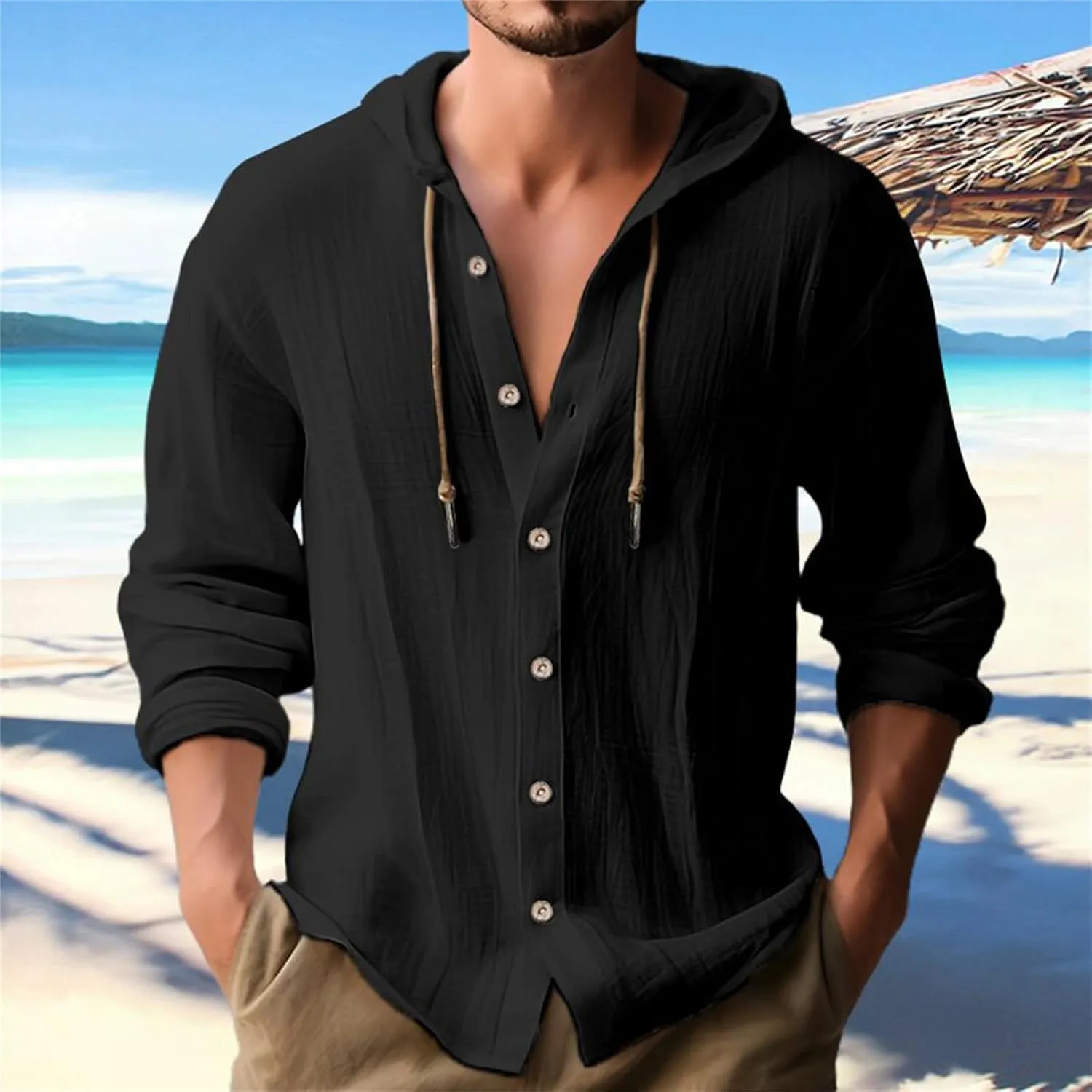 Cotton Linen Hoodie for Men Drawstring Hooded Button Down Beach Hippie Shirt Lightweight Soft Long Sleeve Blouse Tops