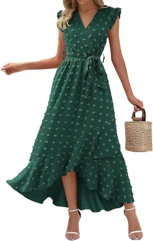 Dresses for Women 2025 Wedding Guest Summer Ruffle Sleeve V Neck Boho Drawstring Waist Swing Flowy Dress,S-2XL