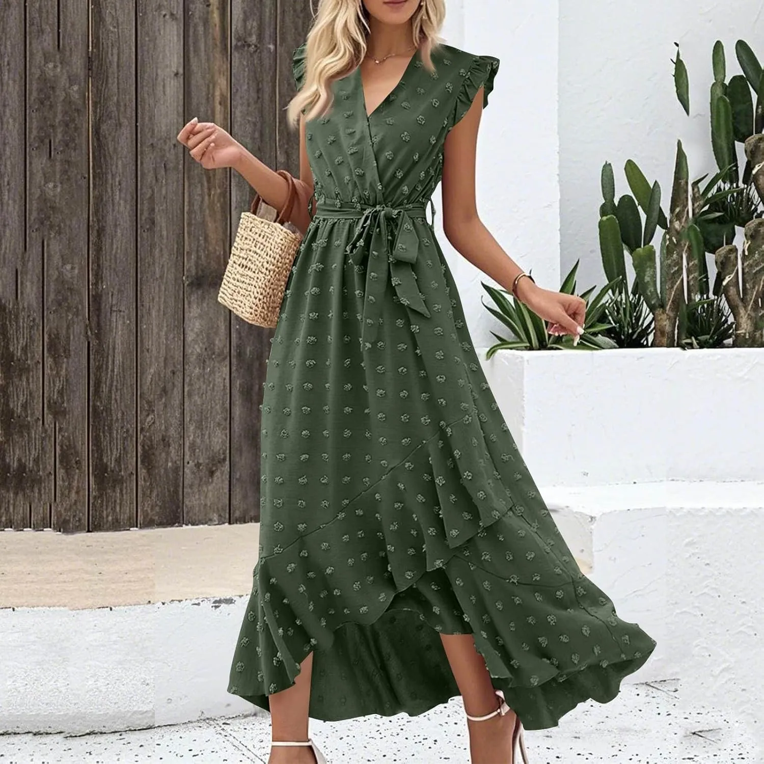 Dresses for Women 2025 Wedding Guest Summer Ruffle Sleeve V Neck Boho Drawstring Waist Swing Flowy Dress,S-2XL