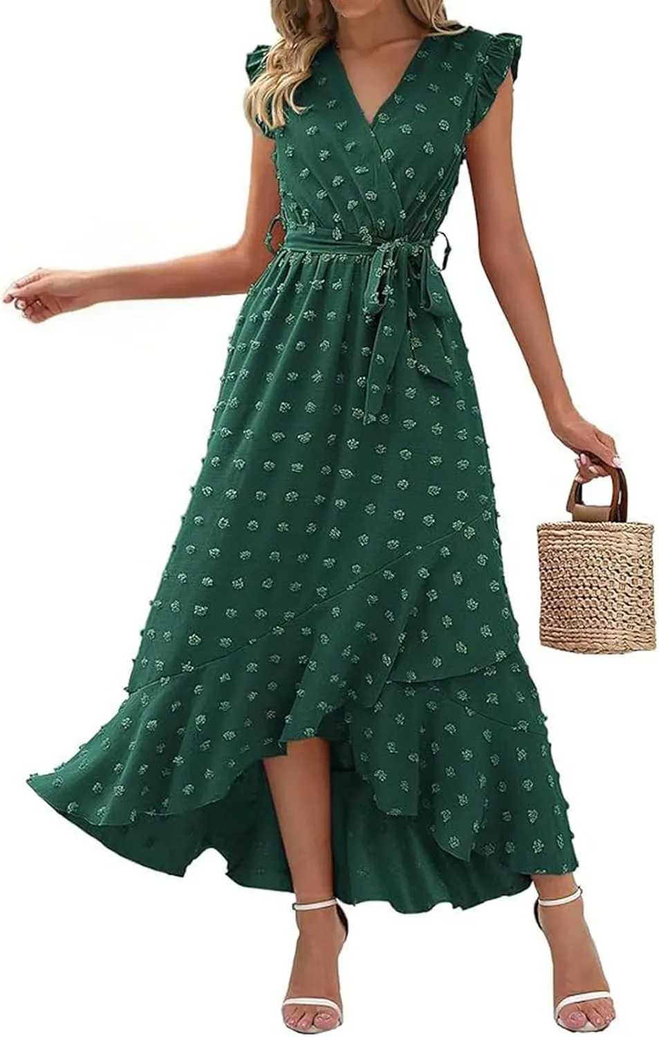 Dresses for Women 2025 Wedding Guest Summer Ruffle Sleeve V Neck Boho Drawstring Waist Swing Flowy Dress,S-2XL