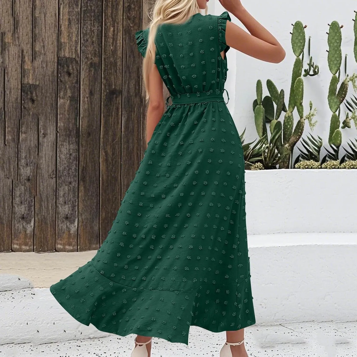 Dresses for Women 2025 Wedding Guest Summer Ruffle Sleeve V Neck Boho Drawstring Waist Swing Flowy Dress,S-2XL