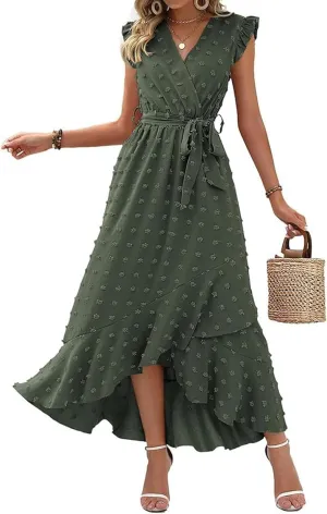 Dresses for Women 2025 Wedding Guest Summer Ruffle Sleeve V Neck Boho Drawstring Waist Swing Flowy Dress,S-2XL
