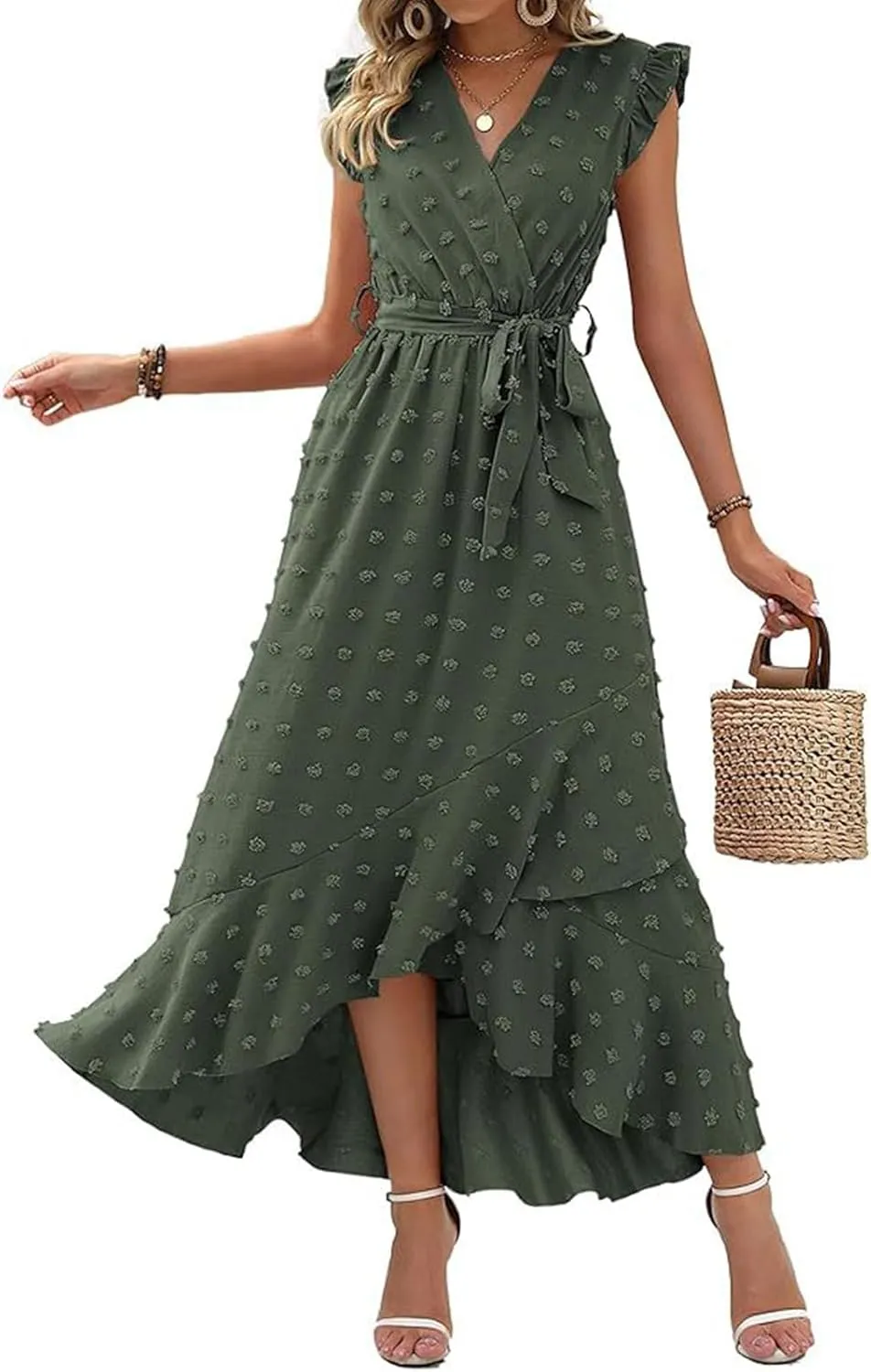 Dresses for Women 2025 Wedding Guest Summer Ruffle Sleeve V Neck Boho Drawstring Waist Swing Flowy Dress,S-2XL