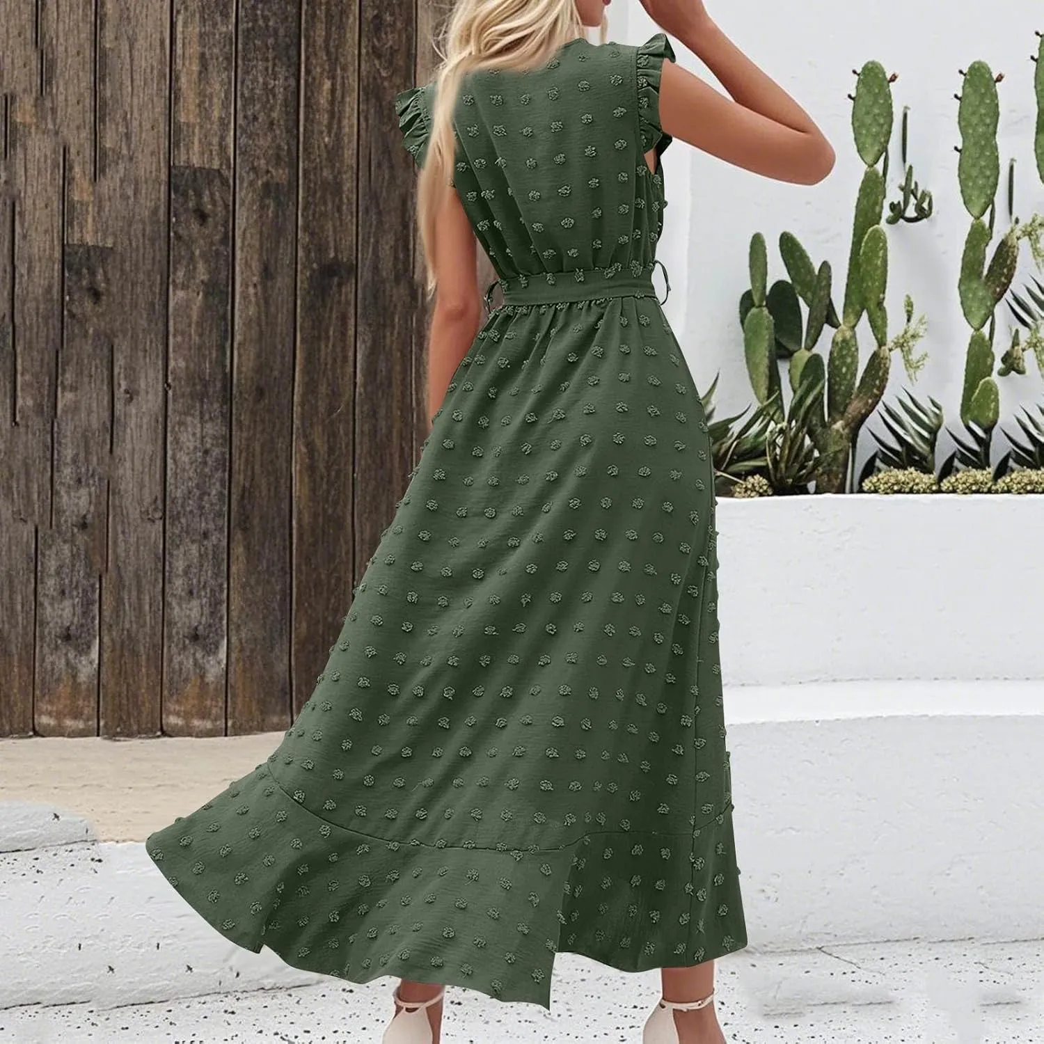 Dresses for Women 2025 Wedding Guest Summer Ruffle Sleeve V Neck Boho Drawstring Waist Swing Flowy Dress,S-2XL
