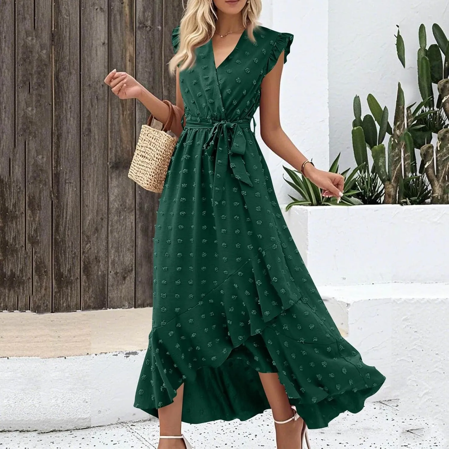 Dresses for Women 2025 Wedding Guest Summer Ruffle Sleeve V Neck Boho Drawstring Waist Swing Flowy Dress,S-2XL