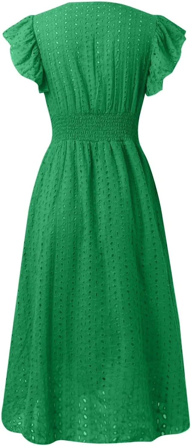 Eyelet Dress for Women Warp V Neck Ruffle Sleeve Lace Hollow Out Cinched Waist Solid Color Summer Beach Dresses